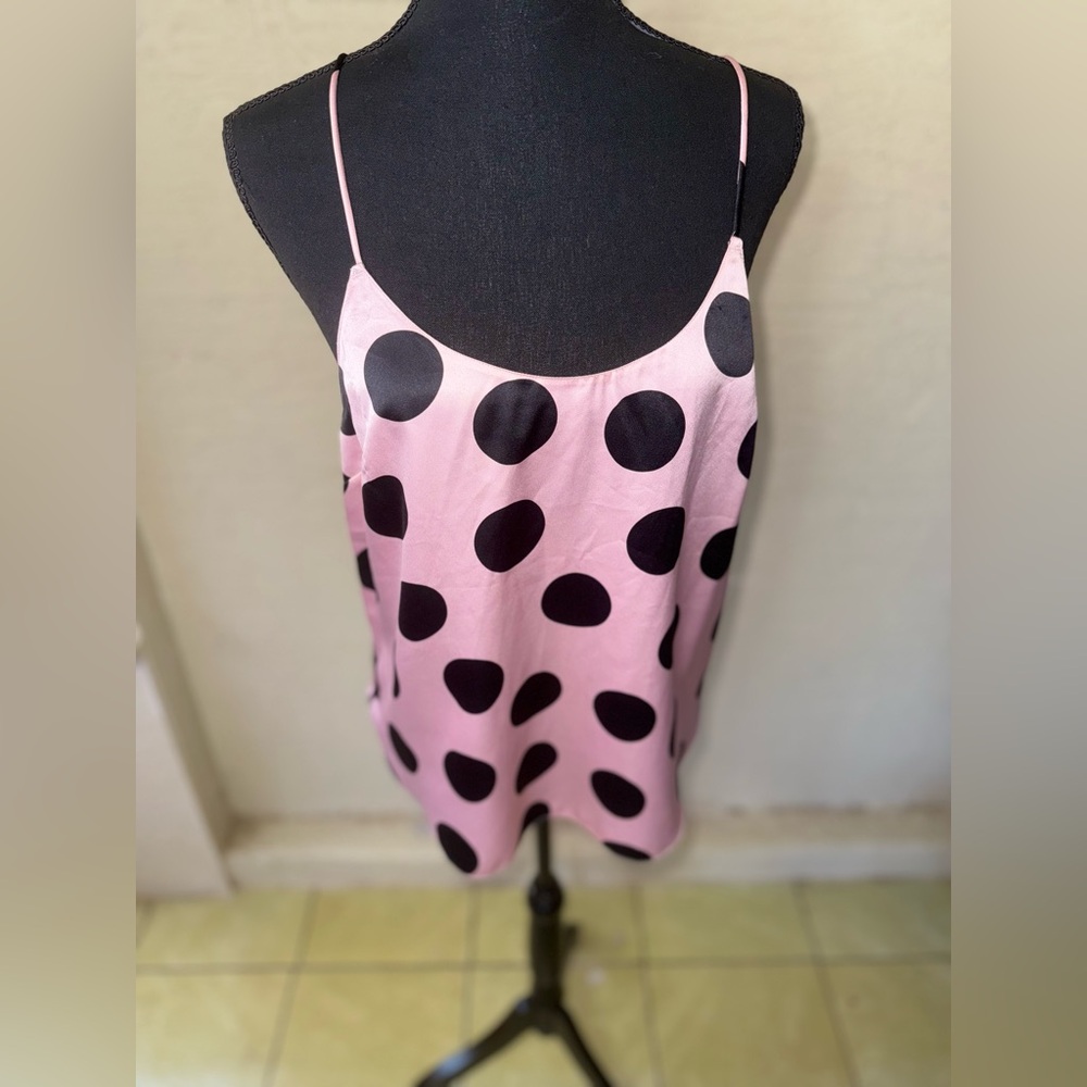 Victoria's Secret pink and black polka dot satin chemise- Size medium